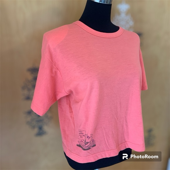 Women’s Vintage 80s Cropped T-Shirt Long Sleeves With Shoulder Pads Salmon Pink - Picture 2 of 14